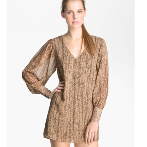 Rory Beca Snakeskin Georgette Silk Shift Dress Long Sleeve V-Neck Cocktail Small - Picture 1 of 9